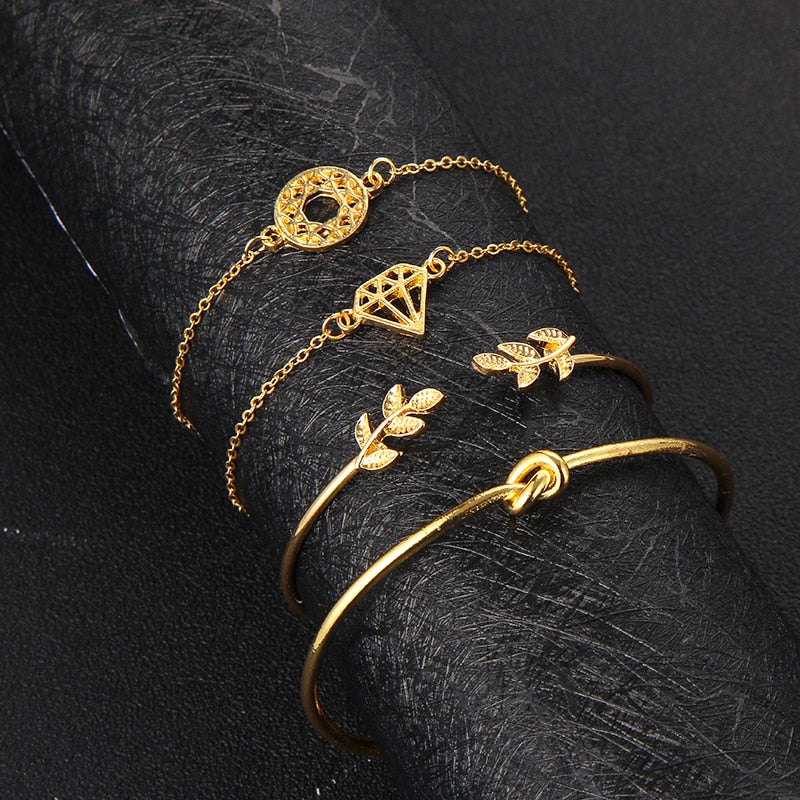 Knot Bracelet Set - Stylish Leaf & Diamond Design (4pcs)