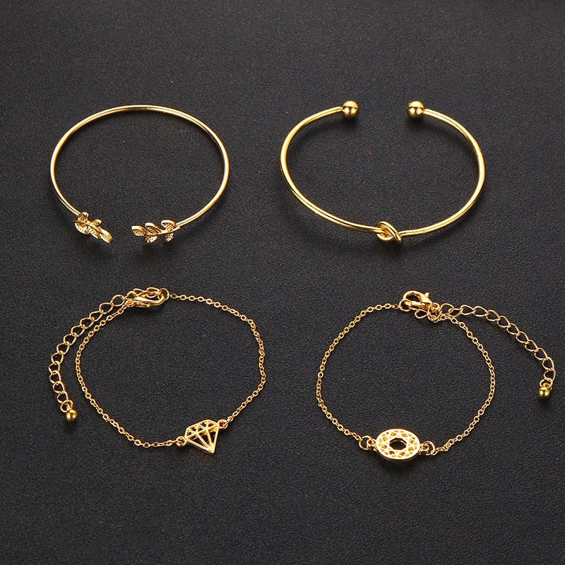 Knot Bracelet Set - Stylish Leaf & Diamond Design (4pcs)