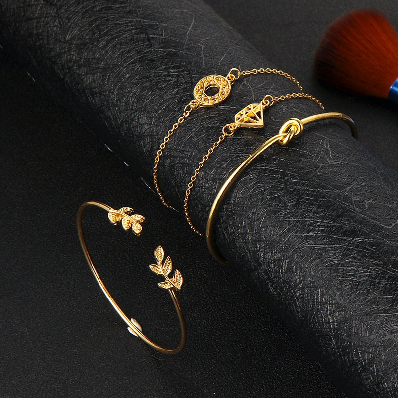 Knot Bracelet Set - Stylish Leaf & Diamond Design (4pcs)