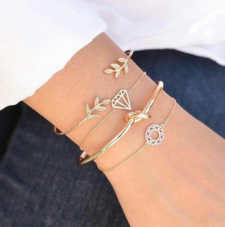 Knot Bracelet Set - Stylish Leaf & Diamond Design (4pcs)